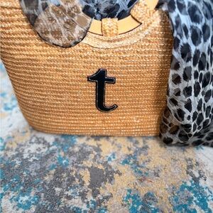 Tan Woven Tote with Black Letter Accent